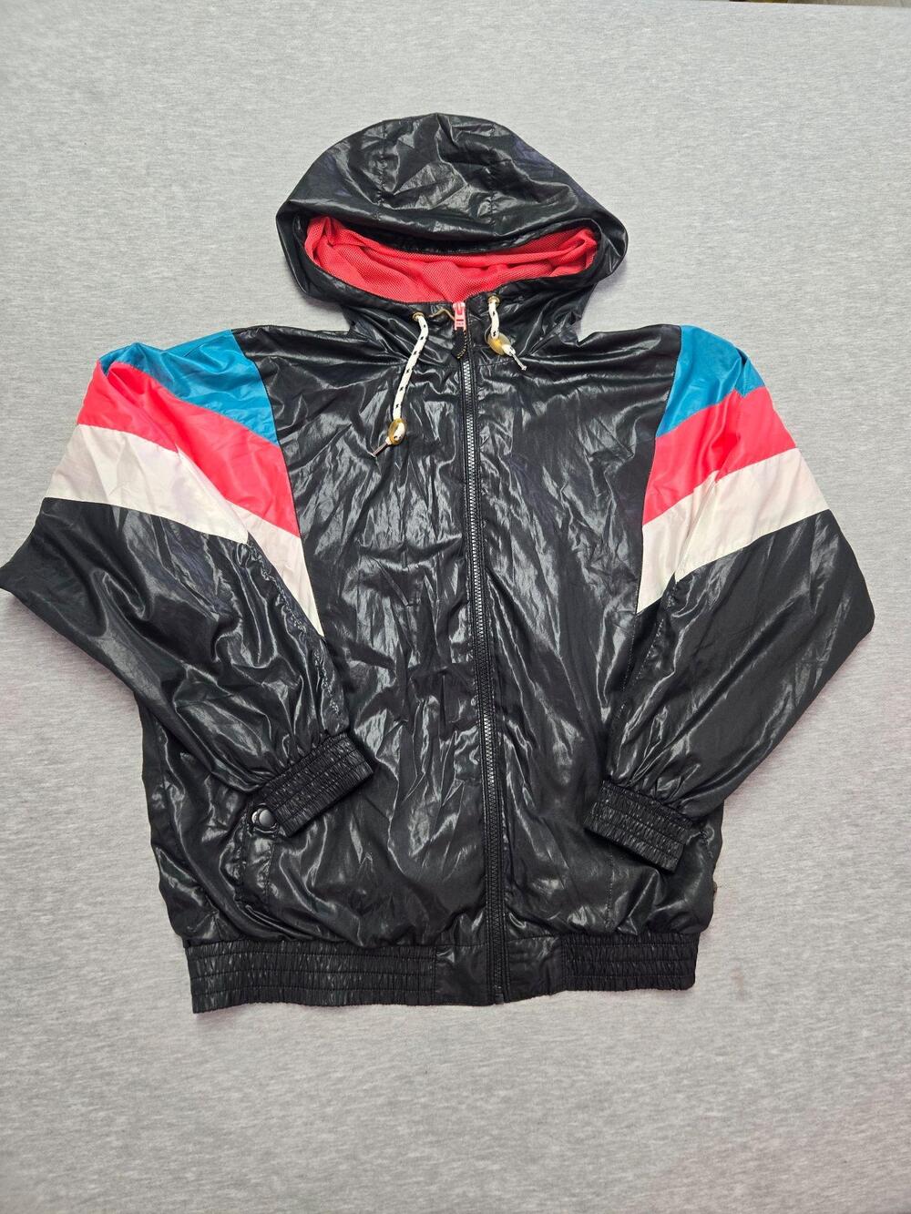 Pull&Bear Jacket Womens Medium Black Colorblock Hooded Mesh Windbreaker Retro